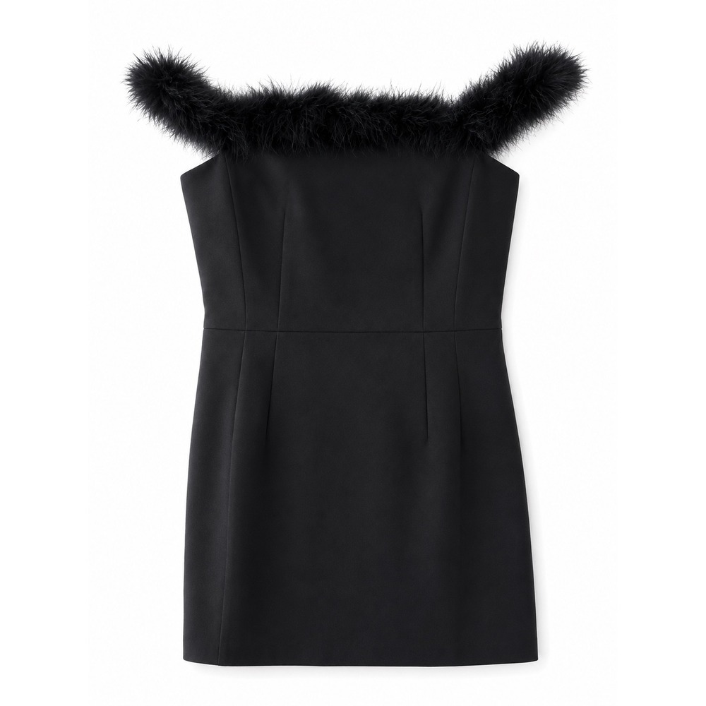 Spring + Mercer Black Off The Shoulder Feather Trim Mini Dress Size L New